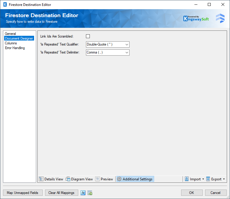 Firestore Destination - Document Designer - Additional Settings